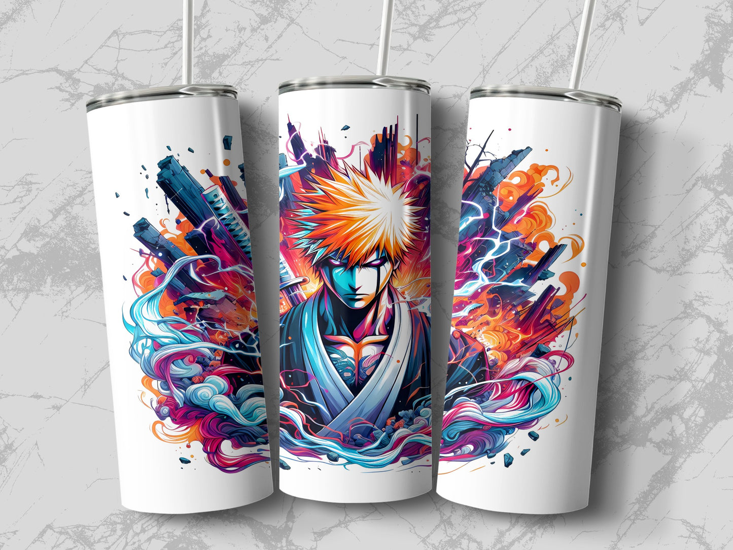 Vibrant Anime Character with Cityscape Background tumbler