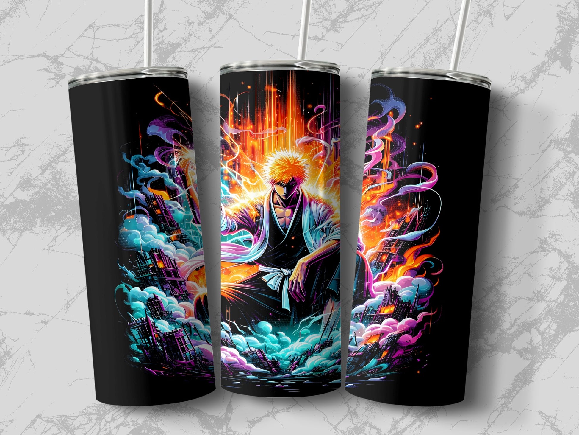 Vibrant Anime Character with Fiery Background Tumbler