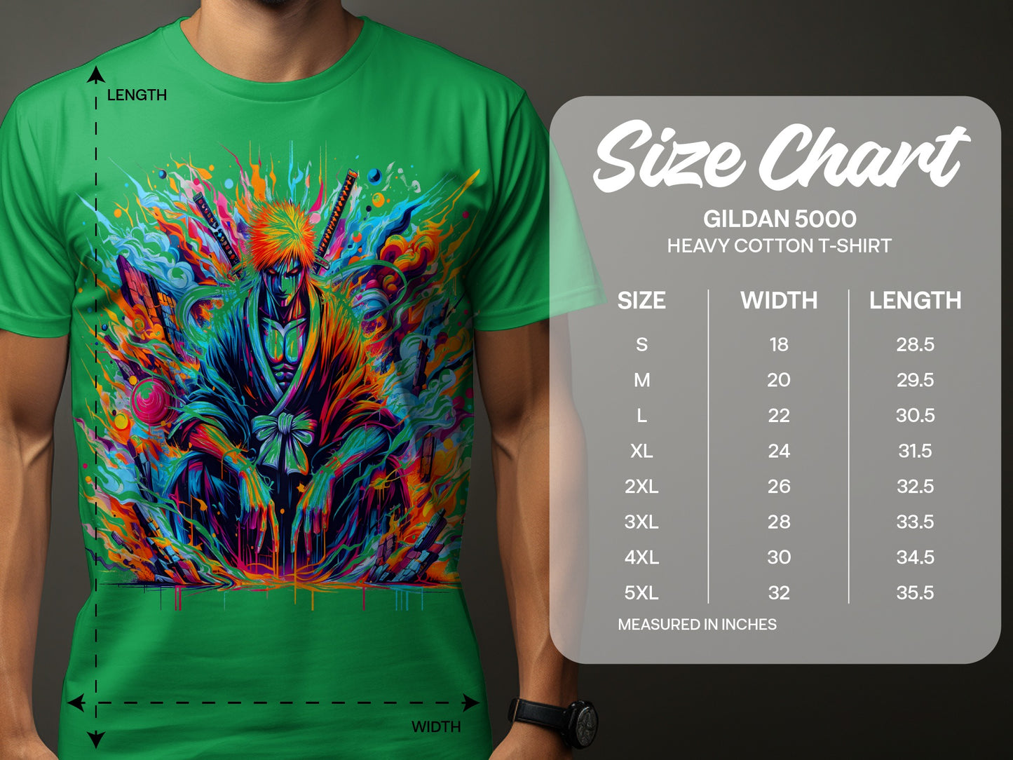 Vibrant Samurai Graphic on Green Heavy Cotton T-Shirt