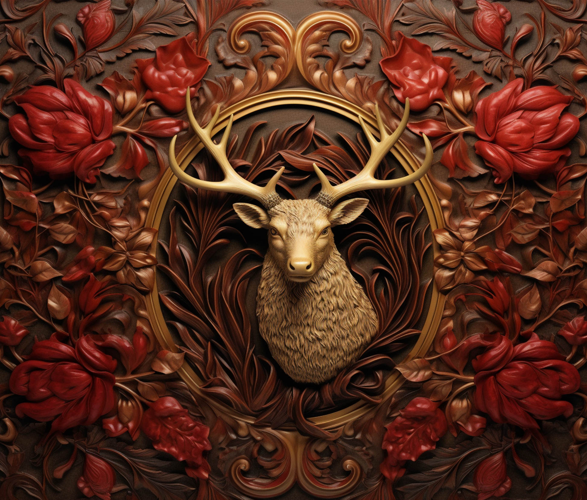 Intricate Stag Relief with Floral Motif Decorative Product