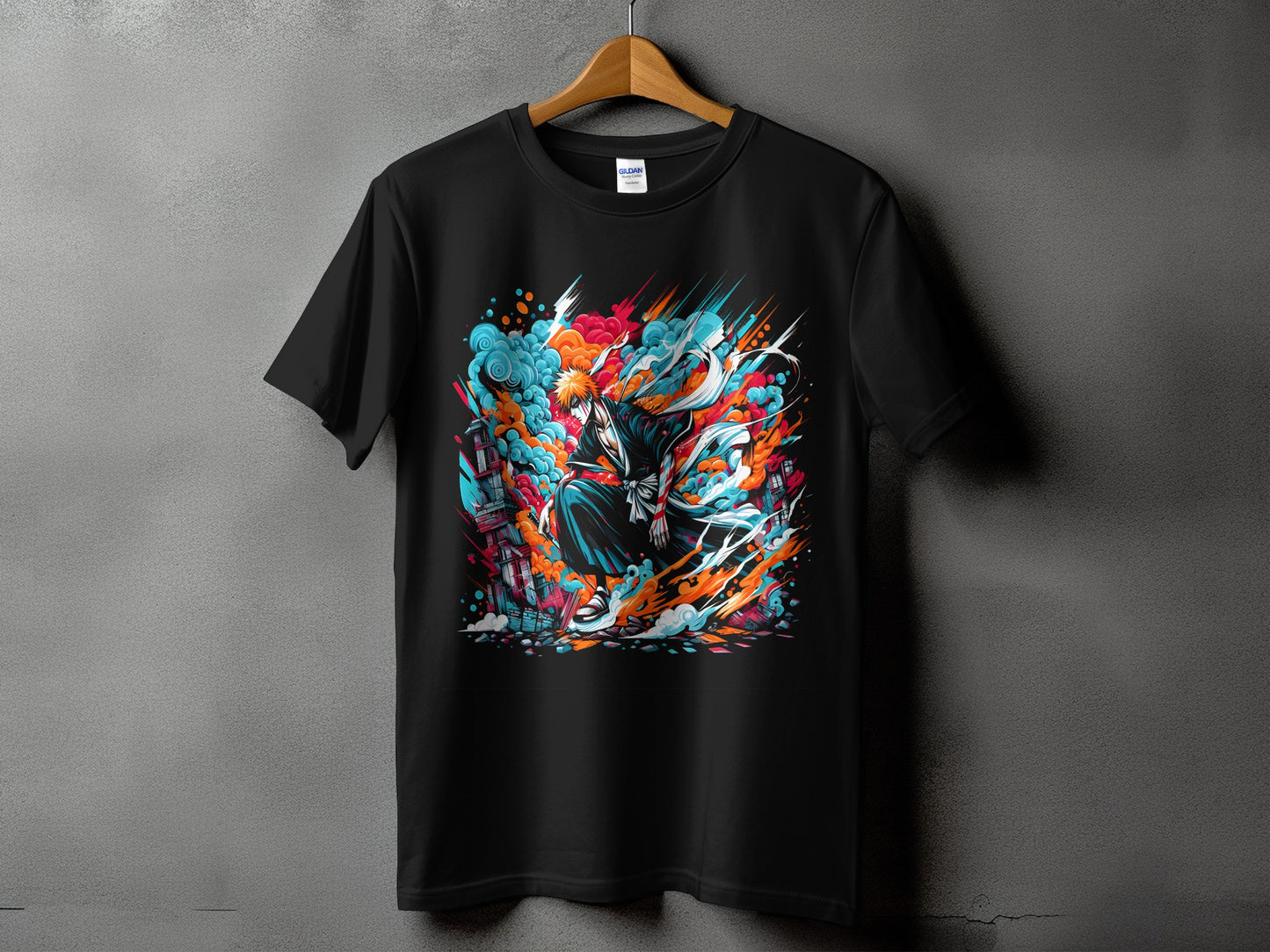 Vibrant Anime Style Action Scene on Black T-Shirt