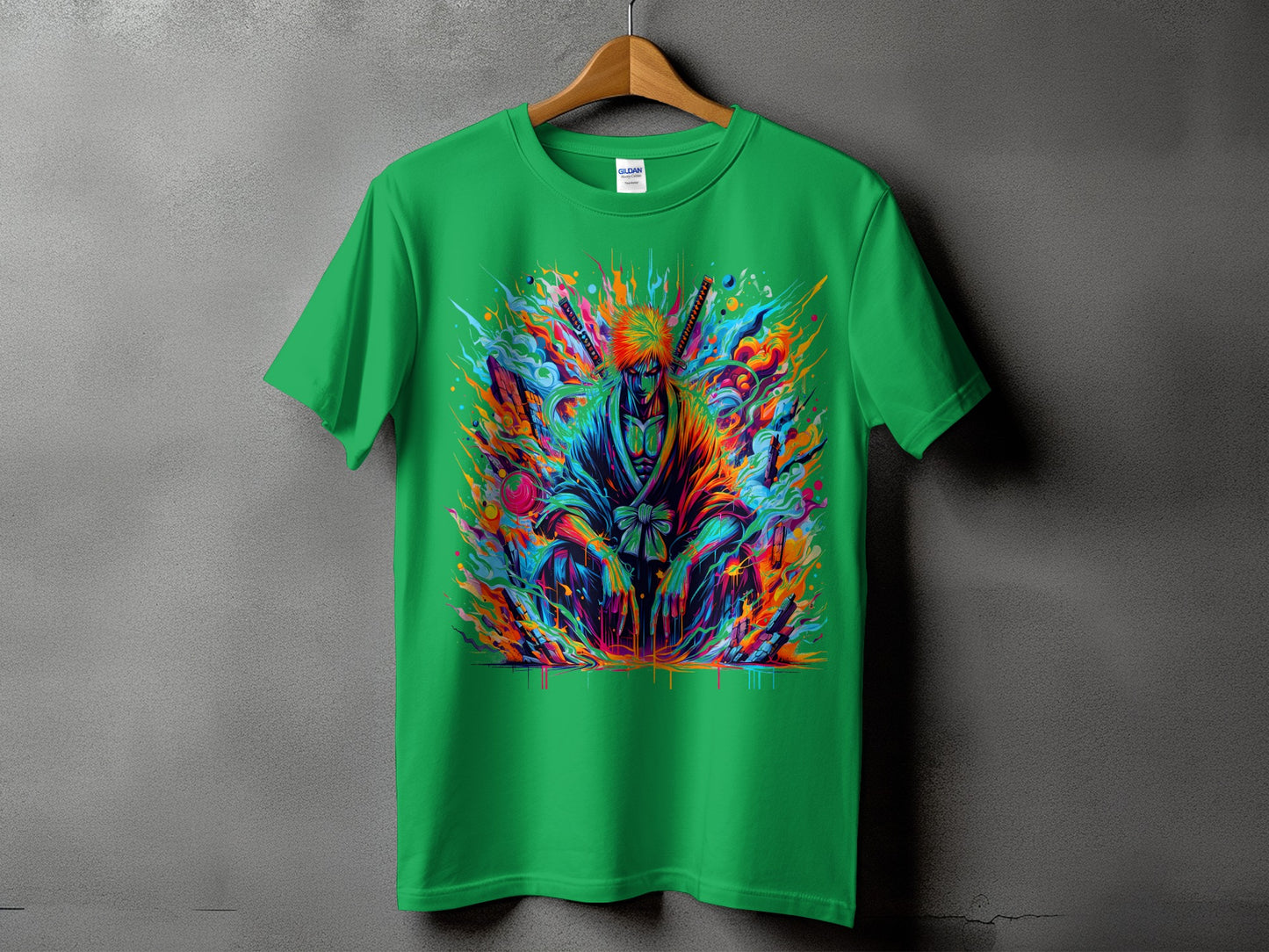 Vivid Colorful Samurai Graphic Green Short Sleeve Shirt
