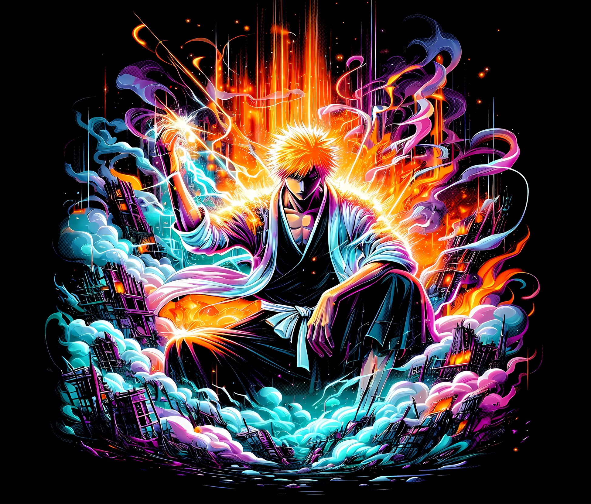 Fiery Anime Warrior Engulfed in Flames Art Print