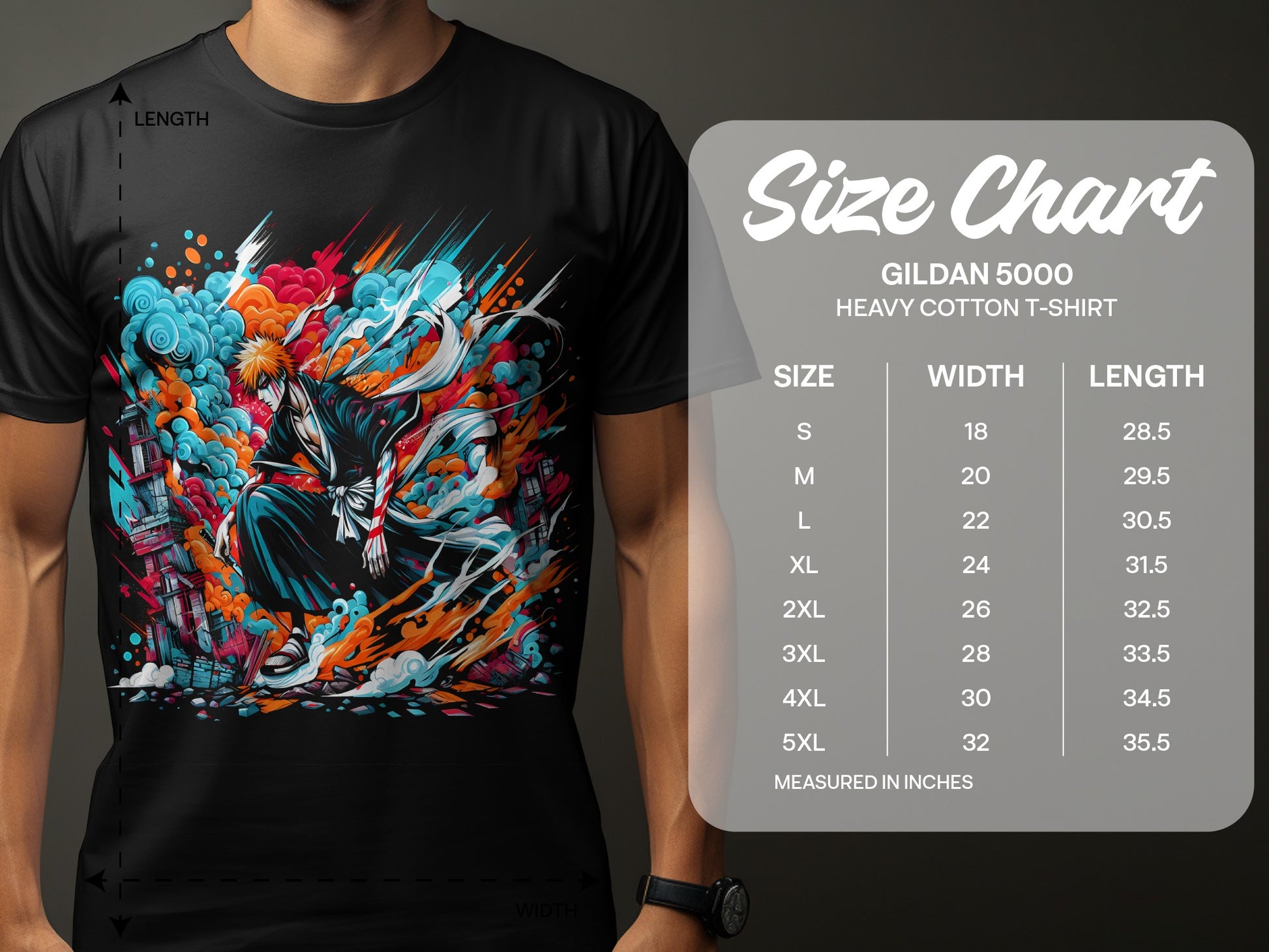 Vibrant Anime Graphic Art on Black Gildan 5000 T-shirt