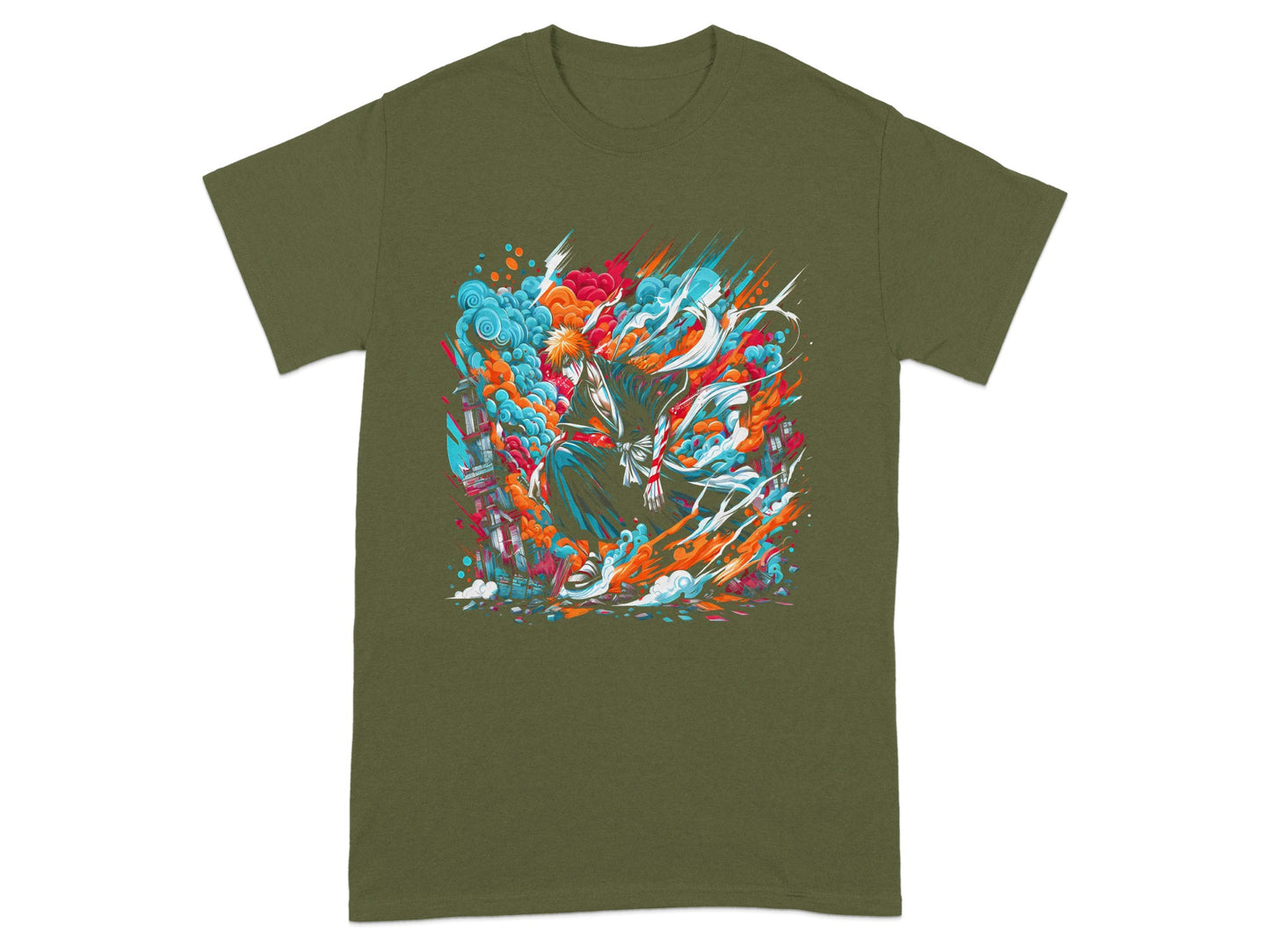 Vibrant Abstract Design on Olive Green T-Shirt product