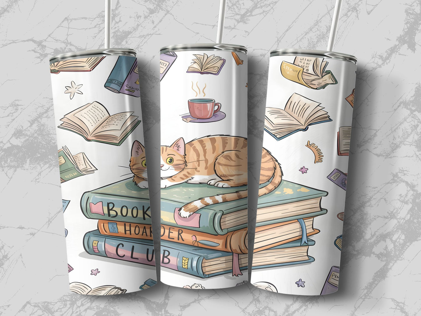 Cat Illustration on Books Themed Tumbler product