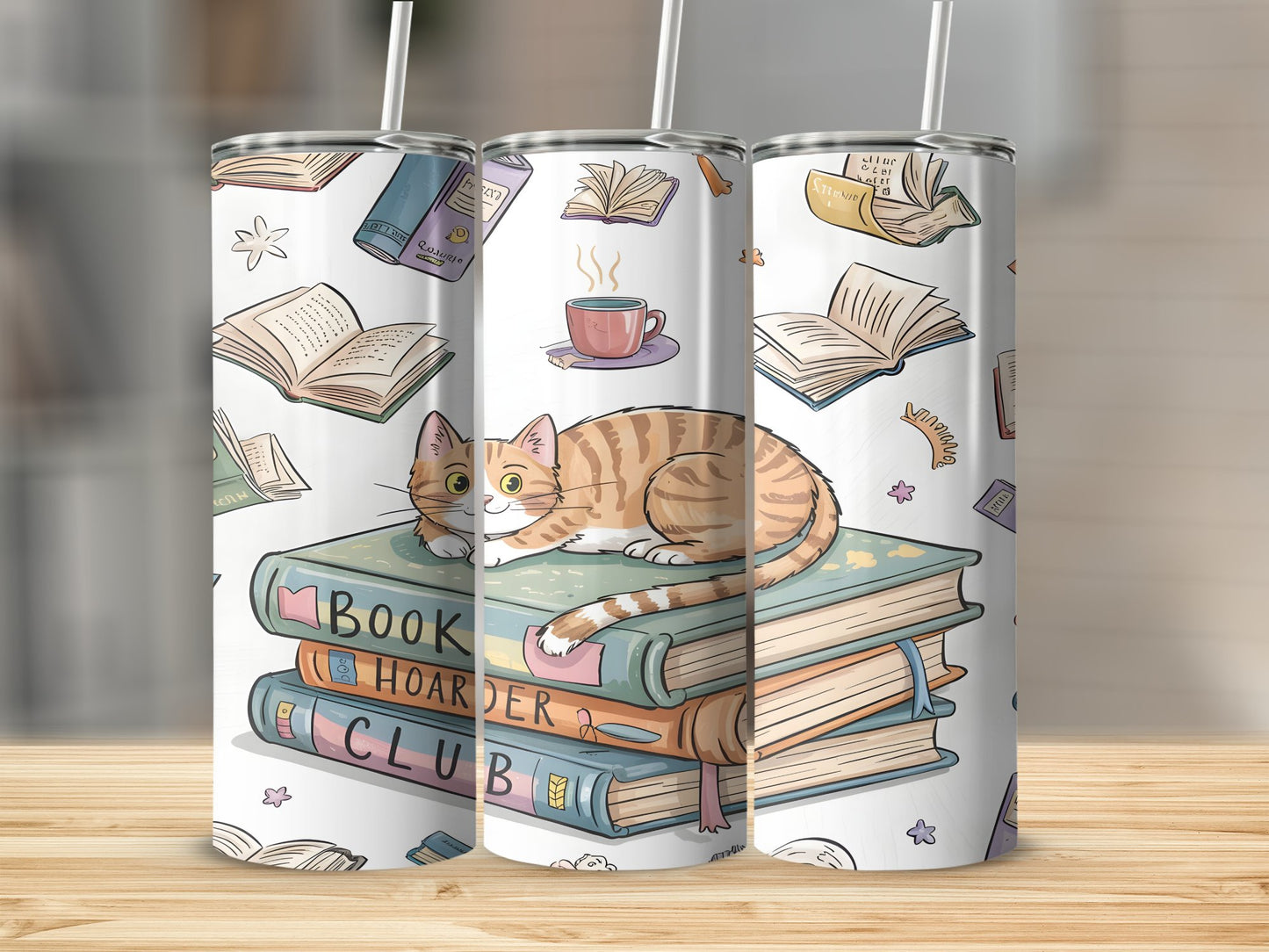 Book Lover Cat and Books Illustration Tumbler product type